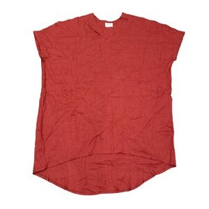 Rough Linen Touch Kaftan Dress Red 100% Linen V-Neck High Low OS Free Size USA